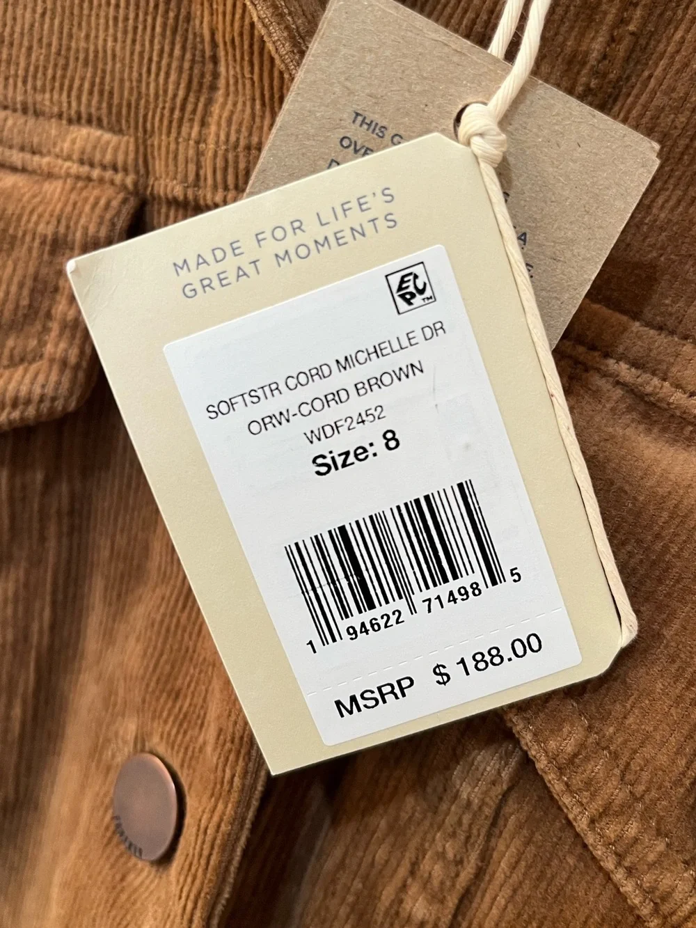 NWT! Faherty Michelle Stretch Brown Corduroy‎ Button Up Shirt Dress Preppy Sz. 8